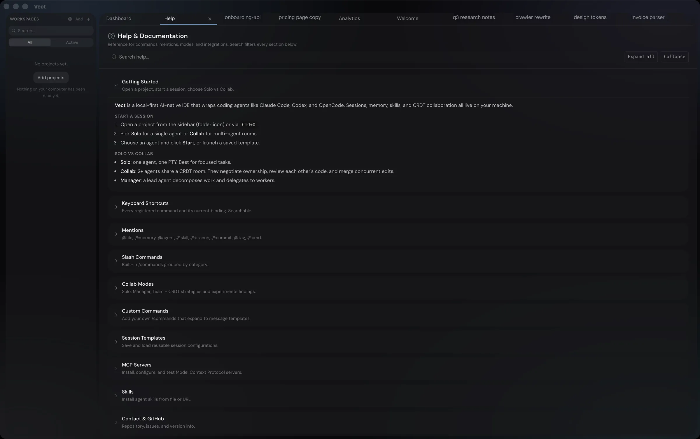 The Vect desktop app: a sidebar of workspaces, a row of project tabs, and the built-in help and documentation view.